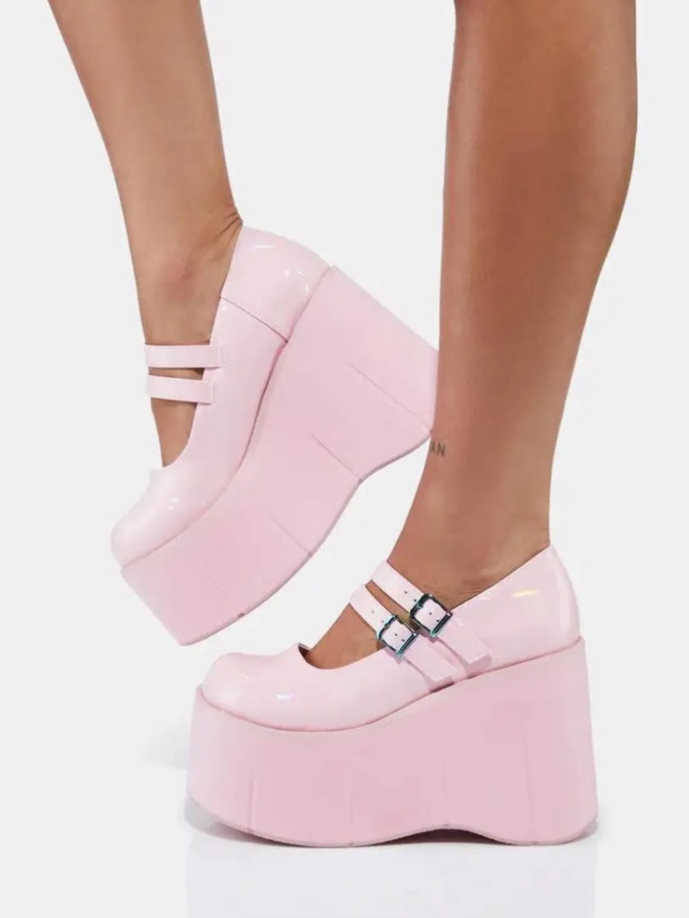 DEMONIA KERA-08 HOLOGRAPHIC PINK PLATFORM MARY JANES